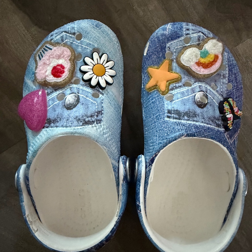 Toddler Blue Denim-Print Crocs with Fun Charms
